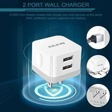 2Pack USB Wall Charger Plug, AILKIN 2.4A Dual Port USB Adapter Power Cube Fast Charging Station Box Base for iPhone 15 14 13 12 Pro Max SE 11 XR XS X/8, Samsung, Phones USB Charge Block-White Brick
