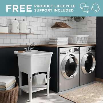 Zenna Home Utility Sink with Pull-Out Faucet, White - Durable Laundry Tub Sink