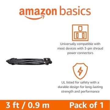 Amazon Basics PC Power Cord, 3 Feet, AC Power Cord for Monitor, Computer, TV, 3 Prong, 18 AWG, 125 V...
