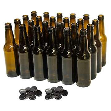 North Mountain Supply 12 Ounce Long-Neck Amber Beer Bottles - 24 Count with Crown Caps