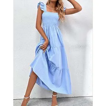 MakeMeChic Women's Summer Beach Boho Dress Casual Floral Spaghetti Strap Square Neck Long Maxi Sun Dresses Blue M