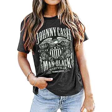 Cash Graphic Shirt Tees Women Vintage Country Music T-Shirt Casual Band Music Lovers Top Tee(L,Gray)
