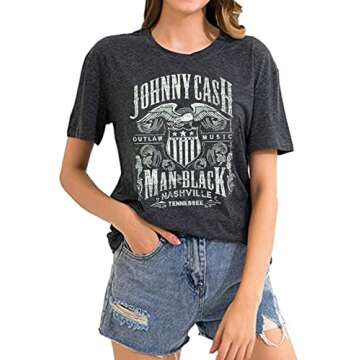Cash Graphic Shirt Tees Women Vintage Country Music T-Shirt Casual Band Music Lovers Top Tee(L,Gray)