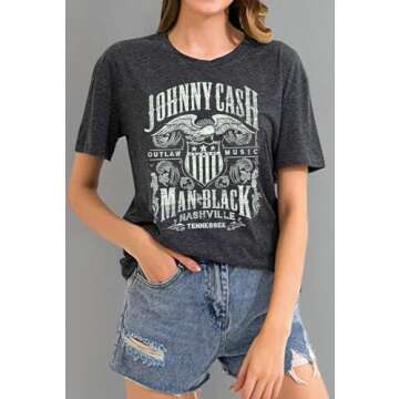 Cash Graphic Shirt Tees Women Vintage Country Music T-Shirt Casual Band Music Lovers Top Tee(L,Gray)