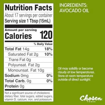 Chosen Foods 100% Pure Avocado Oil, Keto and Paleo Diet Friendly, Kosher Oil for Baking, High-Heat Cooking, Frying, Homemade Sauces, Dressings and Marinades (8.4 fl oz)
