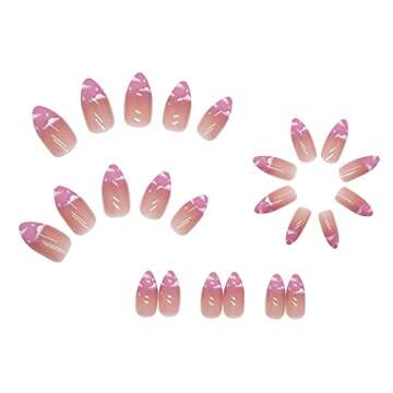 BABALAL Medium Length Press on Nails Glossy Nails Almond Fake Nails Cloud Nails Pink Stiletto Nails for Women and Girls