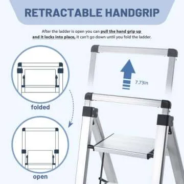 XinSunho 5 Step Ladder, Retractable Handgrip Folding Step Stool with Anti-Slip Wide Pedal, Aluminum Stool Ladders 5 Steps, 330lbs Safety Household Ladder