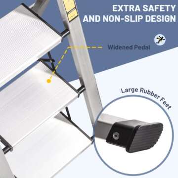 XinSunho 5 Step Ladder, Retractable Handgrip Folding Step Stool with Anti-Slip Wide Pedal, Aluminum Stool Ladders 5 Steps, 330lbs Safety Household Ladder