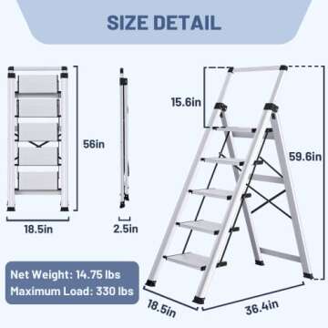 XinSunho 5 Step Ladder, Retractable Handgrip Folding Step Stool with Anti-Slip Wide Pedal, Aluminum Stool Ladders 5 Steps, 330lbs Safety Household Ladder