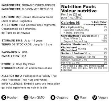 Food to Live Organic Dried Apple Rings, 8 Ounces – Non-GMO, Kosher, Raw, Vegan, Unsulfured, Sirtfood, Bulk