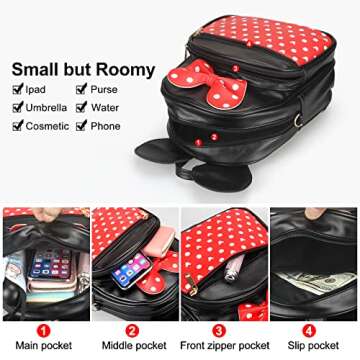 Dksyee Cute Red Backpack for Girl Bowknot Polka Dot Mini Mouse Leather Backpacks for Toddler Little ...