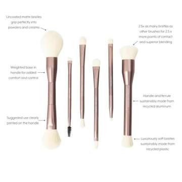 Jenny Patinkin Luxury Sustainable 6 Dual Ended Makeup Brush Set with Vegan Leather Brush Case, Luxur...