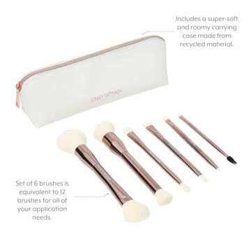 Jenny Patinkin Luxury Sustainable 6 Dual Ended Makeup Brush Set with Vegan Leather Brush Case, Luxury Makeup Brush Set Professional, Vegan Soft Makeup Brushes for Face, Best Eye Brush Set for Travel.