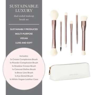 Jenny Patinkin Luxury Sustainable 6 Dual Ended Makeup Brush Set with Vegan Leather Brush Case, Luxury Makeup Brush Set Professional, Vegan Soft Makeup Brushes for Face, Best Eye Brush Set for Travel.