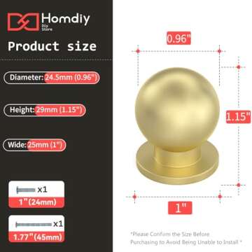 homdiy 10 Pack Matte Gold Cabinet Knobs, Round Brushed Brass Drawer Dresser Handles Ball Metal Kitchen Hardware for Cupboard, 1 Inch
