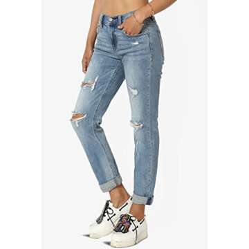 TheMogan Women's Distressed Destructed Washed Denim Mid Rise Relaxed Boyfriend Jeans Medium 1
