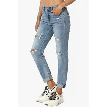 TheMogan Women's Distressed Destructed Washed Denim Mid Rise Relaxed Boyfriend Jeans Medium 1