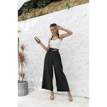 Eteviolet Boho High Waisted Pants for Women, Leopard Wide Leg Flowy Pants (Black,L)