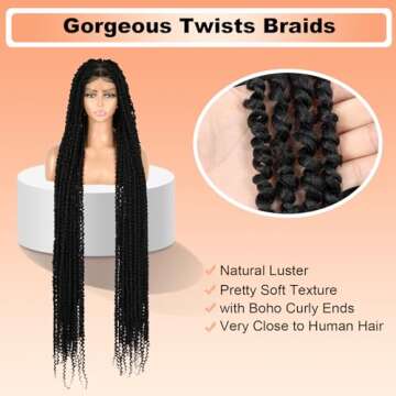 Brinbea 46" Knotless Braided Wigs for Women Lace Front Twist Braid Wig with Baby Hair Full Double Lace Triangle Twisted Braided Wig Briaded Lace Front Wigs Black