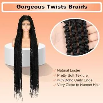 Brinbea 46" Knotless Braided Wigs for Women Lace Front Twist Braid Wig with Baby Hair Full Double Lace Triangle Twisted Braided Wig Briaded Lace Front Wigs Black