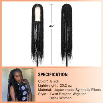 Brinbea 46" Knotless Braided Wigs for Women Lace Front Twist Braid Wig with Baby Hair Full Double Lace Triangle Twisted Braided Wig Briaded Lace Front Wigs Black