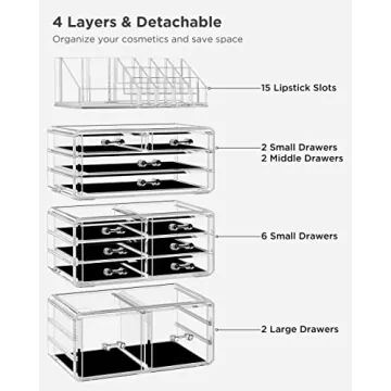 HBlife Acrylic Clear Dustproof Makeup Storage Organizer Drawers Large Skin Care Cosmetic Display Cases for Bathroom Stackable Storage Box with 12 Drawers for Vanity (Clear)