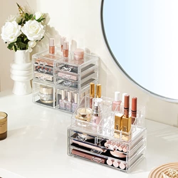 HBlife Acrylic Clear Dustproof Makeup Storage Organizer Drawers Large Skin Care Cosmetic Display Cases for Bathroom Stackable Storage Box with 12 Drawers for Vanity (Clear)