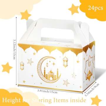 TaoBary 24 Pack Eid Al Adha Treat Box Muslin Islam Ramadan Party Candy Boxes Paper Eid Gift Boxes Foldable Eid Mubarak for Eid Al Adha Party Muslim Party Supplies, Goodie and Gifts(White and Gold)