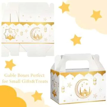 TaoBary 24 Pack Eid Al Adha Treat Box Muslin Islam Ramadan Party Candy Boxes Paper Eid Gift Boxes Foldable Eid Mubarak for Eid Al Adha Party Muslim Party Supplies, Goodie and Gifts(White and Gold)