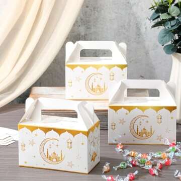 TaoBary 24 Pack Eid Al Adha Treat Box Muslin Islam Ramadan Party Candy Boxes Paper Eid Gift Boxes Foldable Eid Mubarak for Eid Al Adha Party Muslim Party Supplies, Goodie and Gifts(White and Gold)