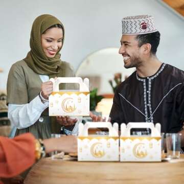 TaoBary 24 Pack Eid Al Adha Treat Box Muslin Islam Ramadan Party Candy Boxes Paper Eid Gift Boxes Foldable Eid Mubarak for Eid Al Adha Party Muslim Party Supplies, Goodie and Gifts(White and Gold)