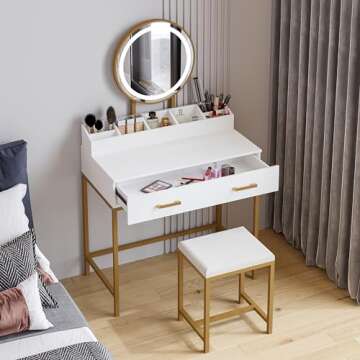 UTEX Makeup Vanity Desk with Mirror and Lights, Makeup Vanity Set with Drawers, Small Makeup Vanity ...