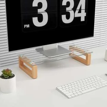 YEOUX Multi-Purpose Desktop Stand, Clear Floating Computer Monitor Riser with Natural Wood Base, Des...