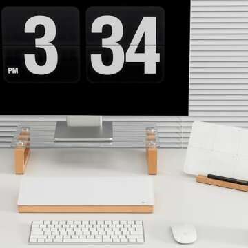 YEOUX Multi-Purpose Desktop Stand, Clear Floating Computer Monitor Riser with Natural Wood Base, Desk Organization Shelf for Printer, Laptop, Audio Device, Flat Screen