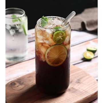 Jucoan 4 Pack 18 oz Can Shaped Beer Glass, Premium Handmade Clear Drinking Glass Cups with 4 Reusable Glass Straws for Water, Wine, Beer, Cocktails and Mixed Drinks