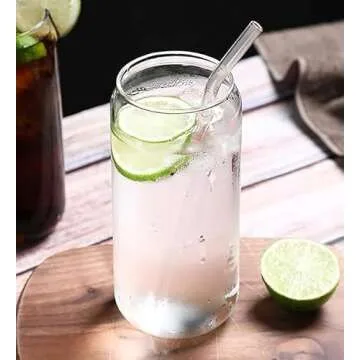 Jucoan 4 Pack 18 oz Can Shaped Beer Glass, Premium Handmade Clear Drinking Glass Cups with 4 Reusable Glass Straws for Water, Wine, Beer, Cocktails and Mixed Drinks