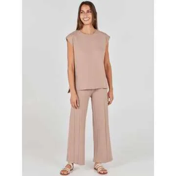 ANRABESS Women 2 Piece Outfits Casual Summer Sleeveless Tops Knit Pants Sweater Lounge Matching Sets 2025 Trendy Clothes Khaki Medium