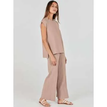 ANRABESS Women 2 Piece Outfits Casual Summer Sleeveless Tops Knit Pants Sweater Lounge Matching Sets 2025 Trendy Clothes Khaki Medium