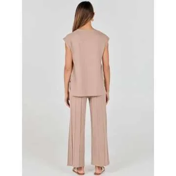 ANRABESS Women 2 Piece Outfits Casual Summer Sleeveless Tops Knit Pants Sweater Lounge Matching Sets 2025 Trendy Clothes Khaki Medium