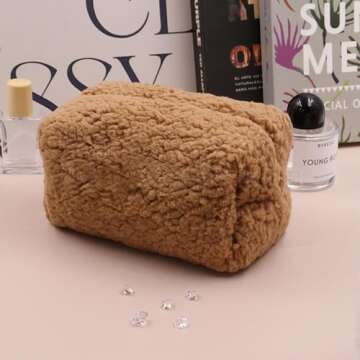 Cosmetic Bags for Women, Fleece Makeup bag Large Aesthetic Travel Toiletry bag Zipper Cosmetic Pouch for Purse Cute Floral Canvas Makeup Organizer Storage Bag Girls Case Bags (Warm Brown)