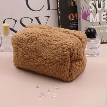 Cosmetic Bags for Women, Fleece Makeup bag Large Aesthetic Travel Toiletry bag Zipper Cosmetic Pouch for Purse Cute Floral Canvas Makeup Organizer Storage Bag Girls Case Bags (Warm Brown)