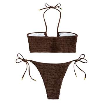 SweatyRocks Women's 2 Piece Bathing Suit Ribbed Tie Side Halter Bikini Swimsuit Coffee Brown M