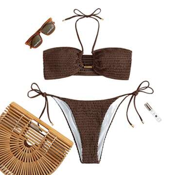 SweatyRocks Women's 2 Piece Bathing Suit Ribbed Tie Side Halter Bikini Swimsuit Coffee Brown M