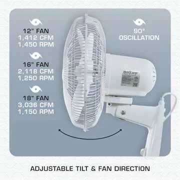 Hurricane Wall Mount Fan, 90 Degree Oscillating Quiet 3-Speed with Tilt, 16"