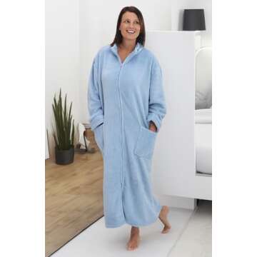 Alexander Del Rossa Long Zip Up Robes for Women, Plush Zipper Robes for Women Plus Size, Housecoats for Women Zipper Front Light Blue 2X (A0300LBL2X)