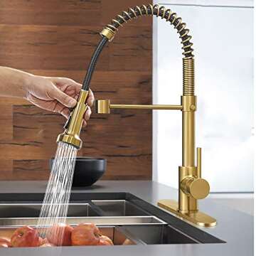 Hoimpro Brushed Gold High Arc Spring Kitchen Faucet with Pull Down Sprayer, Commercial Rv Single Lev...