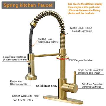 Hoimpro Brushed Gold High Arc Spring Kitchen Faucet with Pull Down Sprayer, Commercial Rv Single Lever Kitchen Sink Faucet,3 Function Single Handle Laundry Faucet, Brass/Brushed Gold (1 or 3 Hole)