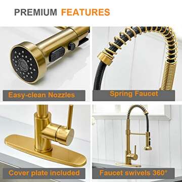 Hoimpro Brushed Gold High Arc Spring Kitchen Faucet with Pull Down Sprayer, Commercial Rv Single Lever Kitchen Sink Faucet,3 Function Single Handle Laundry Faucet, Brass/Brushed Gold (1 or 3 Hole)