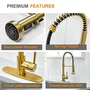 Hoimpro Brushed Gold High Arc Spring Kitchen Faucet with Pull Down Sprayer, Commercial Rv Single Lever Kitchen Sink Faucet,3 Function Single Handle Laundry Faucet, Brass/Brushed Gold (1 or 3 Hole)