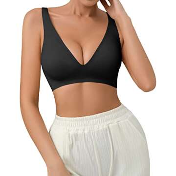 SHARICCA Pro Seamless Bra - Deep V Neck Wirefree Adjustable Strap Bralette (Black,S)